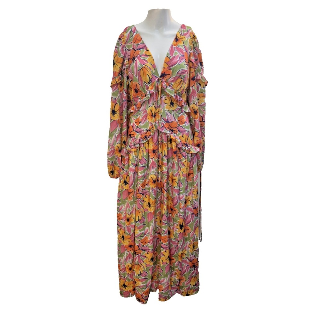 Shein Womans Floral Babydoll Ruffle Maxi Dress Size L Tropical Event Feminine